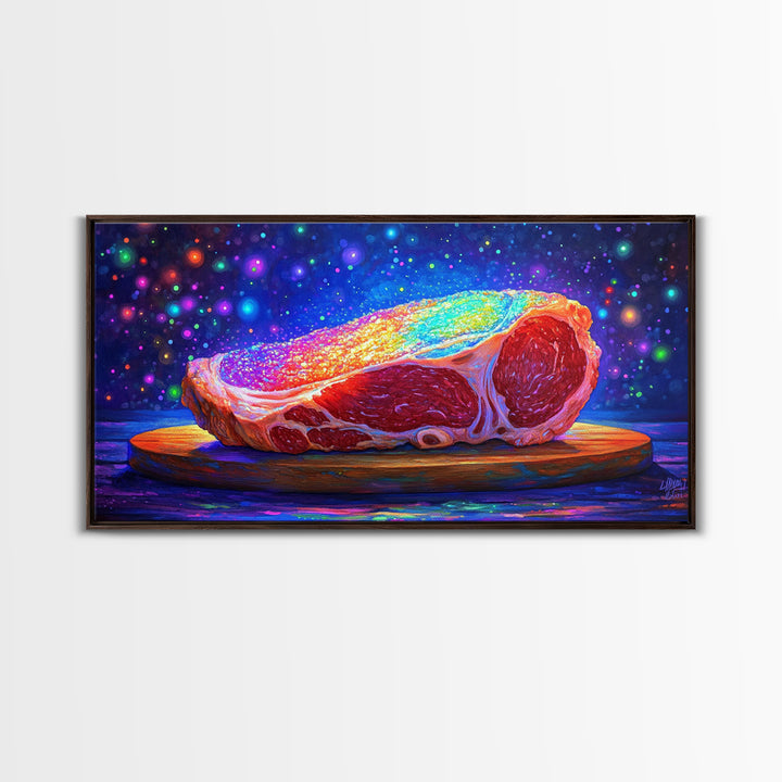 Rainbow Steak On Wooden Board Canvas Print, Bold Food Wall Art, Kitchen Decor, Restaurant Poster, Gift For Chef Or Foodie