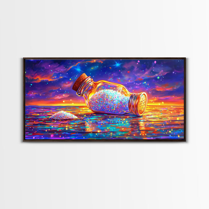 Sparkling Salt Bottle At Sunset Canvas Print, Coastal Kitchen Wall Art, Colorful Seascape Decor, Foodie Housewarming Gift