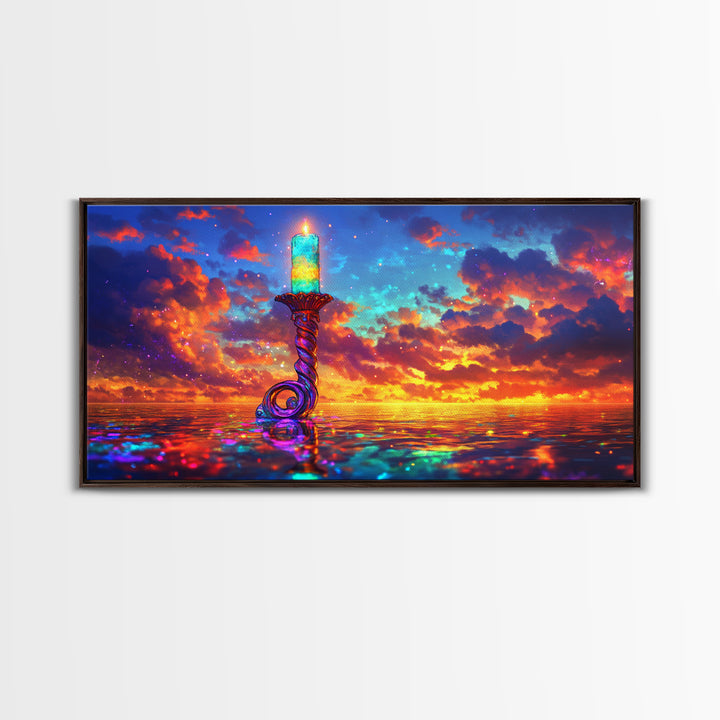 Glowing Candle Over Sunset Ocean Wall Art, Coastal Seascape Painting, Spiritual Home Decor, Calming Living Room Wall Decor