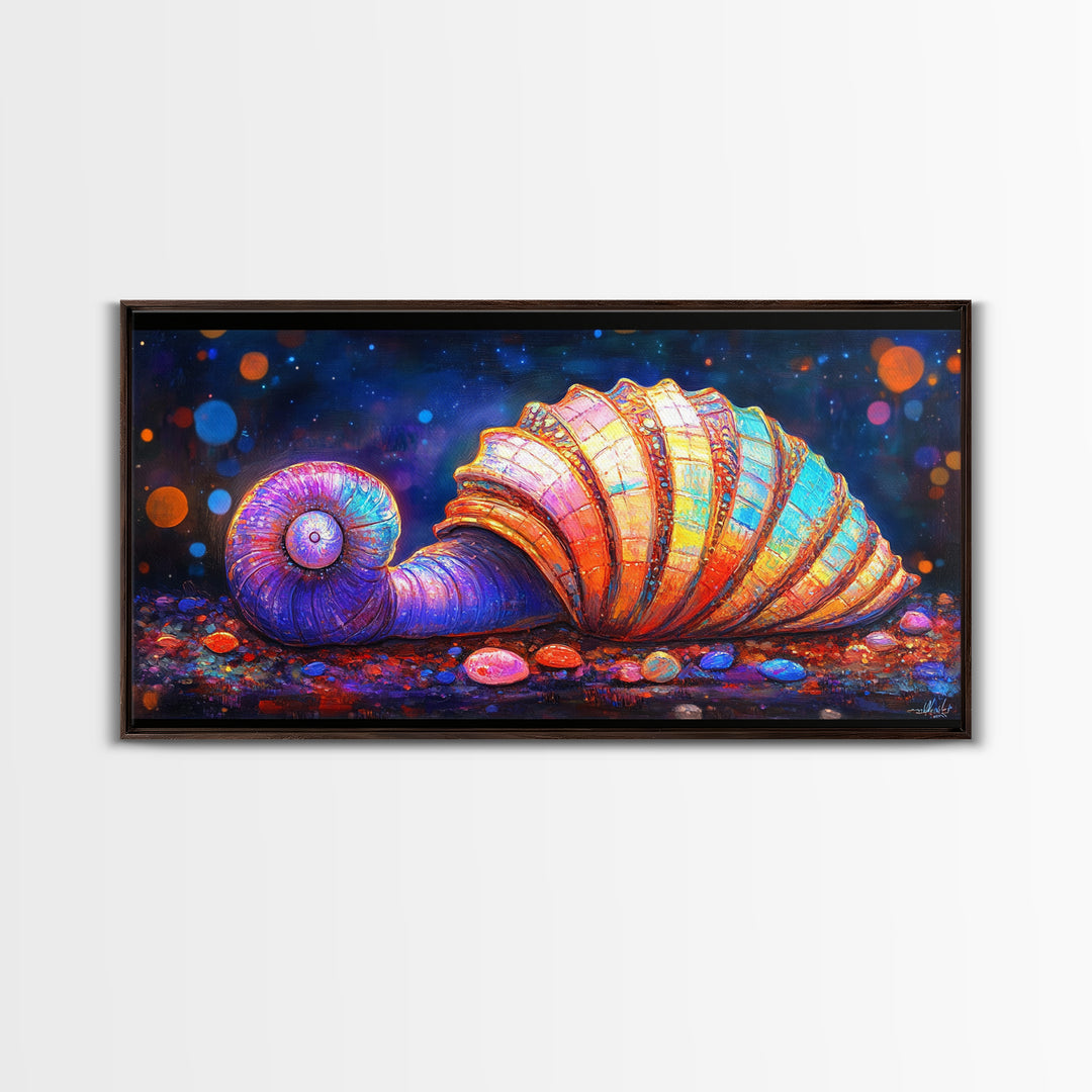 Glowing Spiral Seashell On Pebble Shore Canvas Print, Nautical Coastal Wall Art, Beach House Decor, Ocean Life Art Print