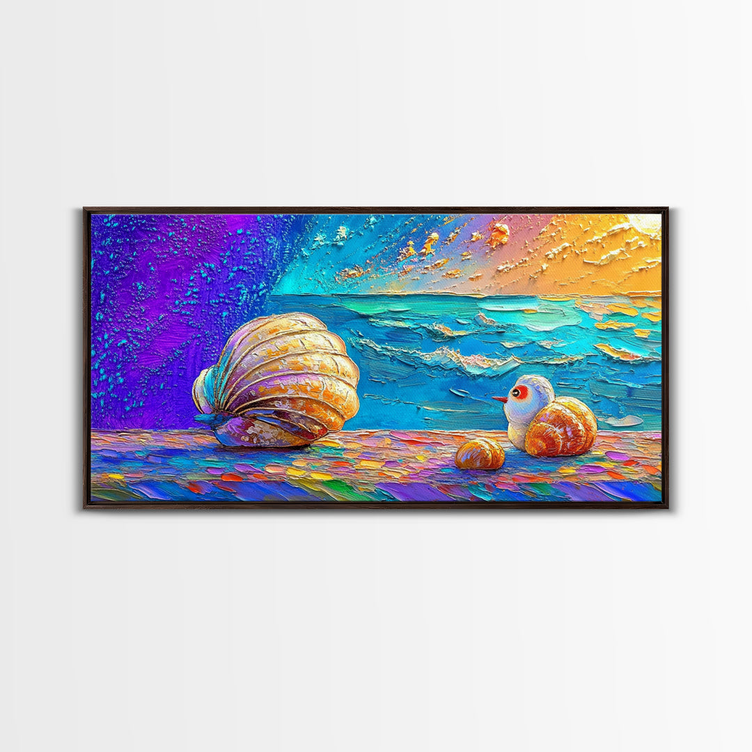 Bright Seashells And Tiny Bird By Turquoise Waves Framed Canvas Print, Coastal Wall Art, Beach House Decor, Ocean Painting