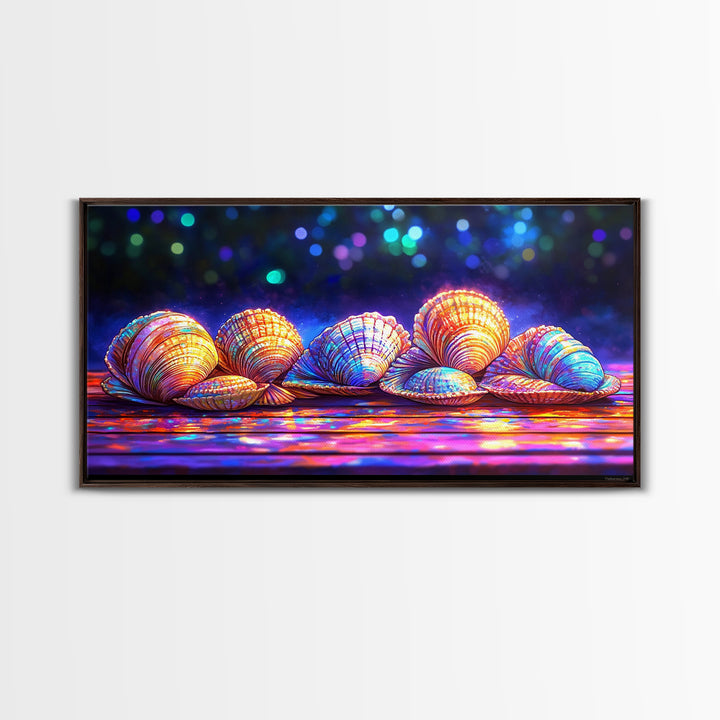 Glowing Clam Shells On Neon Table Canvas Print, Colorful Coastal Wall Art, Beach House Decor, Nautical Gallery Wall Art