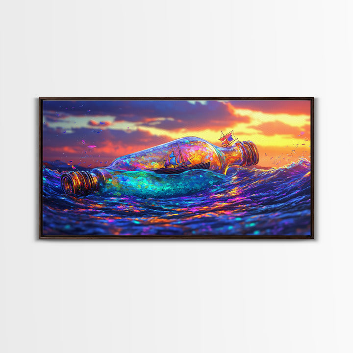 Tiny Ship In Glass Bottle Riding Ocean Waves Wall Art, Nautical Seascape Decor, Coastal Canvas Print, Travel Gift For Him