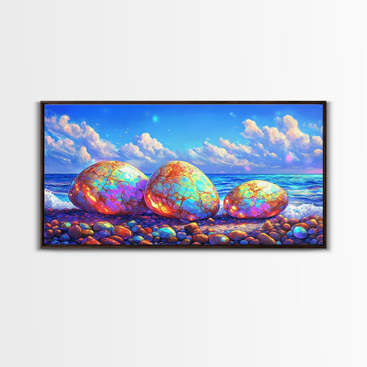 Iridescent Pebbles On Sunny Beach Canvas Print, Coastal Wall Art, Ocean Art Print, Beach House Decor, Colorful Nature Art