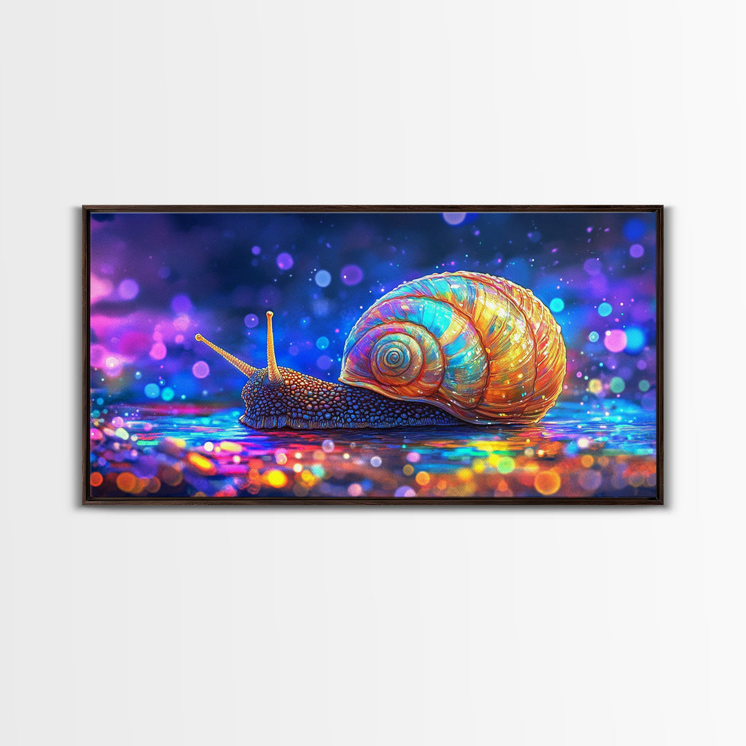 Glowing Rainbow Snail On Wet Ground Wall Art, Whimsical Animal Art Print, Nature Wall Art, Dopamine Decor, Unique Gift For Her
