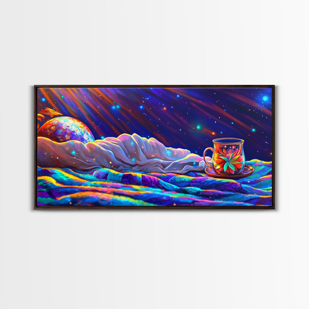 Celestial Bed And Tea Cup Under Stars Canvas Print, Cozy Bedroom Wall Art, Moon And Stars Decor, Dreamy Nursery Decor, Gift For Her