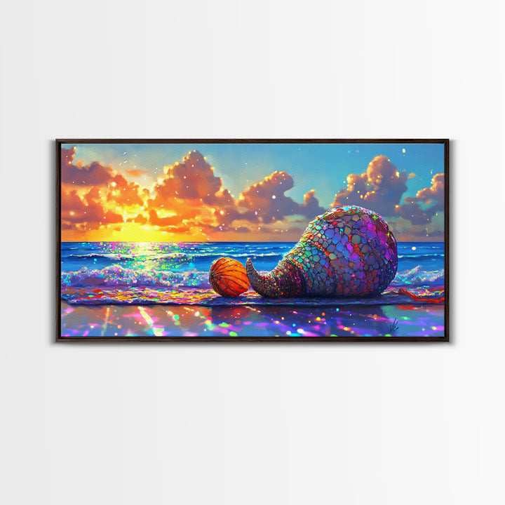 Mosaic Mermaid Tail Seashell At Ocean Sunset Canvas Print, Coastal Wall Art, Beach House Decor, Nautical Decor, Gift For Her