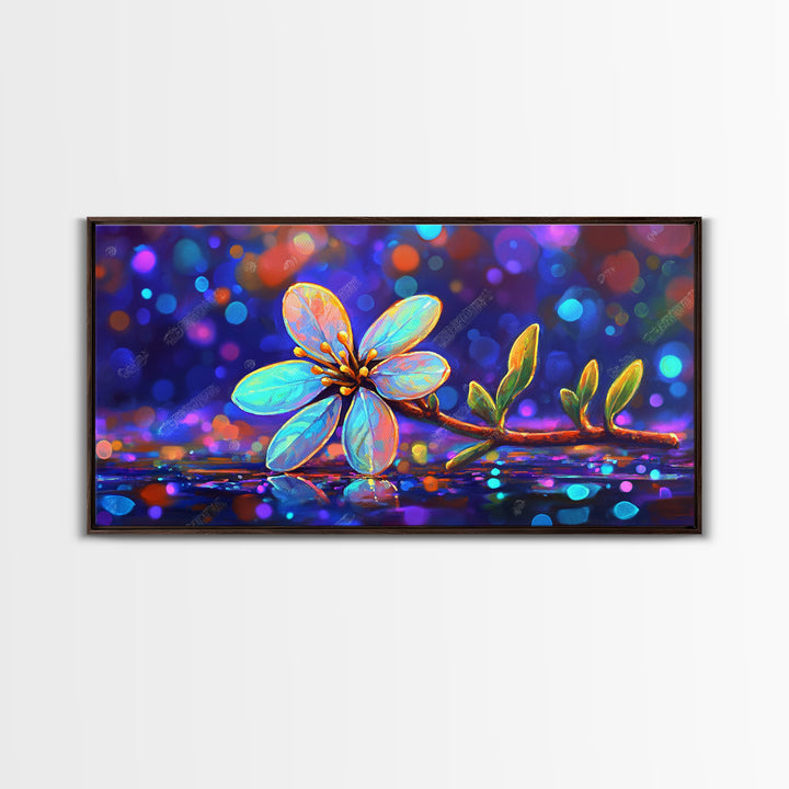 Delicate Blue Flower Branch With Bokeh Lights Canvas Print, Botanical Wall Art, Floral Wall Decor, Nature Art, Gift For Her