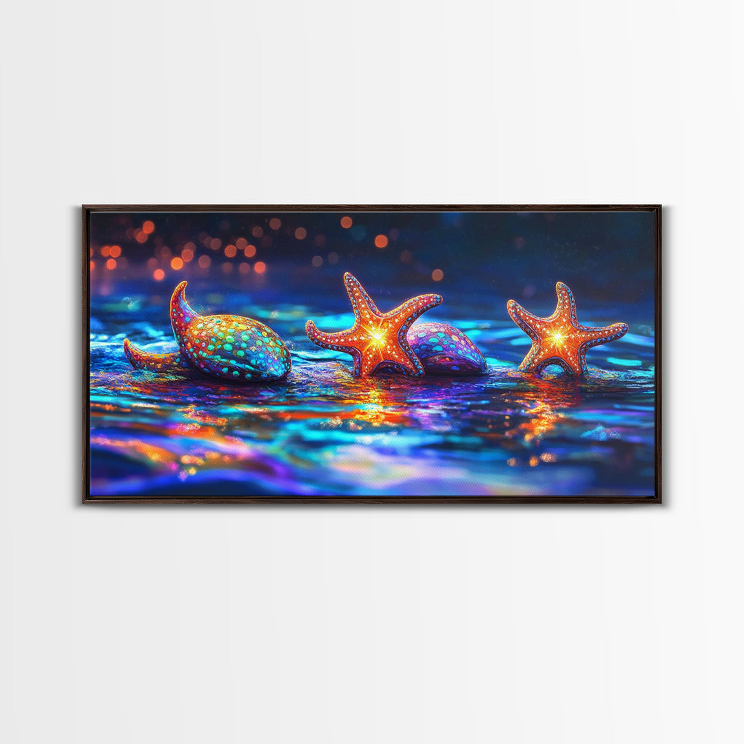Glowing Starfish And Seashells On Neon Tide Canvas Print, Coastal Wall Art, Ocean Decor, Beach House Gift For Her, Living Room Decor