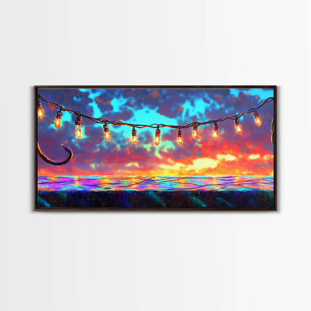 String Lights Over Sunset Patio Canvas Print, Outdoor Wall Art, Patio Decor, Rustic Home Decor, Summer Wall Decor, Gift For Her