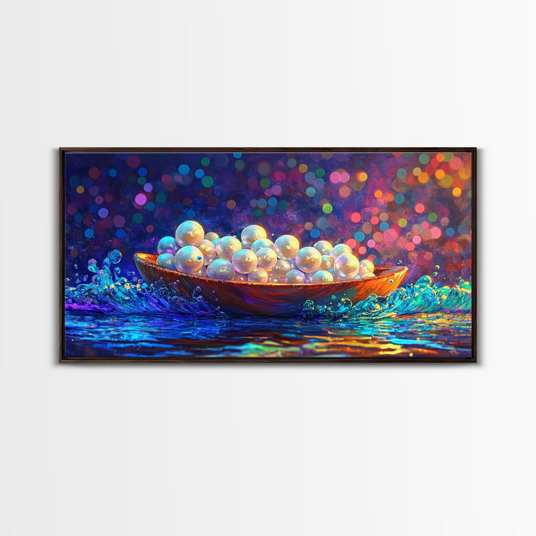 Glowing Pearls In Wooden Bowl Canvas Print, Coastal Wall Art, Ocean Decor, Elegant Bathroom Art, Luxury Home Decor, Gift For Her