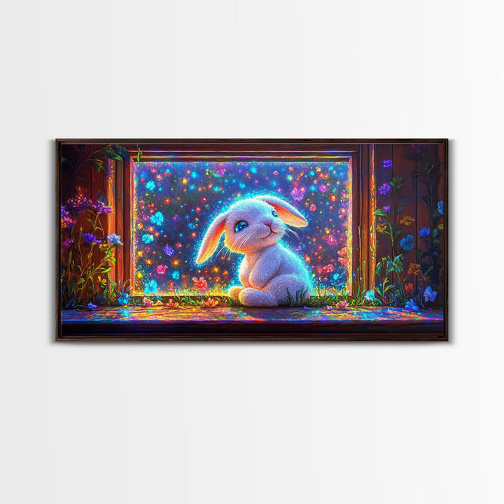 Glowing Bunny In Flower Window Canvas Print, Whimsical Wall Art, Nursery Decor, Kids Room Art, Cute Animal Gift, Baby Room Decor