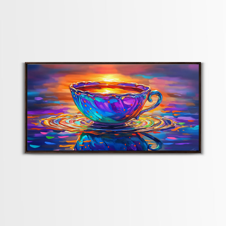 Vibrant Teacup At Sunset Reflection Framed Canvas Print, Cozy Kitchen Wall Art, Coffee Bar Decor, Gift For Tea Lover, Home Decor