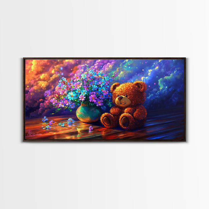 Smiling Teddy Bear With Colorful Wildflowers Canvas Print, Whimsical Nursery Wall Art, Kids Room Decor, Baby Shower Gift