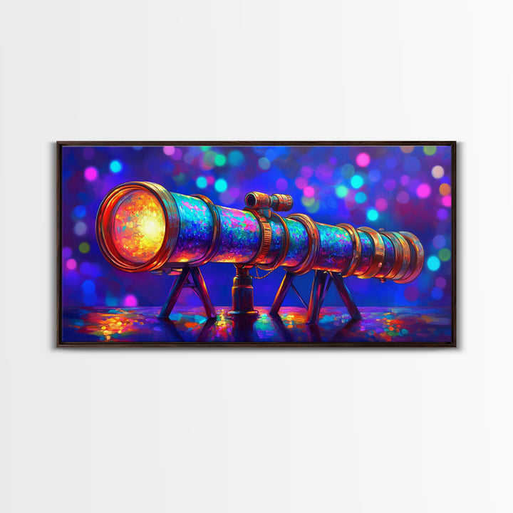 Rainbow Telescope With Cosmic Bokeh Wall Art, Astronomy Decor, Space Lover Canvas Print, Science Poster Gift For Him, Home Office Decor