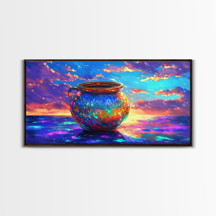 Iridescent Cauldron By Ocean Framed Canvas Print, Colorful Coastal Wall Art, Fantasy Seascape, Beach House Decor Gift Idea