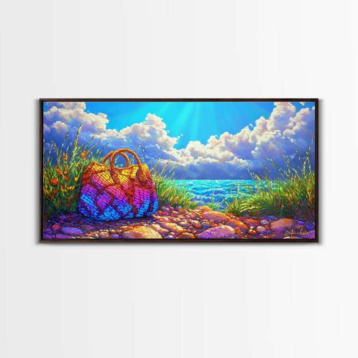 Rainbow Woven Beach Bag Wall Art, Coastal Canvas Print, Beach House Decor, Summer Ocean Art, Tropical Home Decor Gift Idea