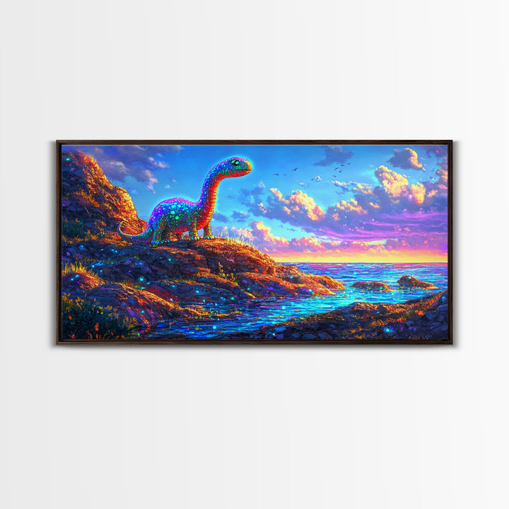 Sparkling Rainbow Dinosaur By Ocean Sunset Wall Art, Colorful Kids Room Decor, Whimsical Nursery Art, Coastal Fantasy Gift
