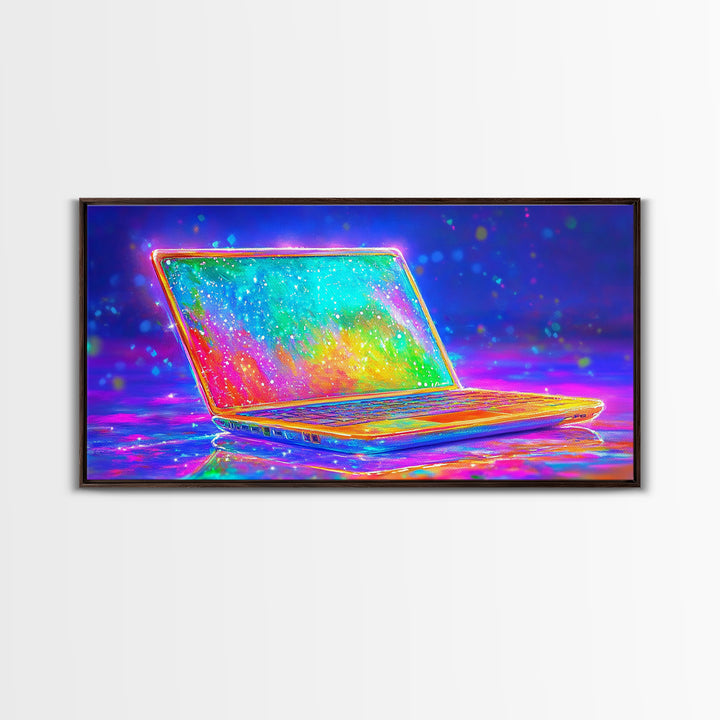 Neon Rainbow Laptop Canvas Print, Cyberpunk Office Wall Art, Tech Art, Gamer Room Decor, Futuristic Home Office Decor, Gift