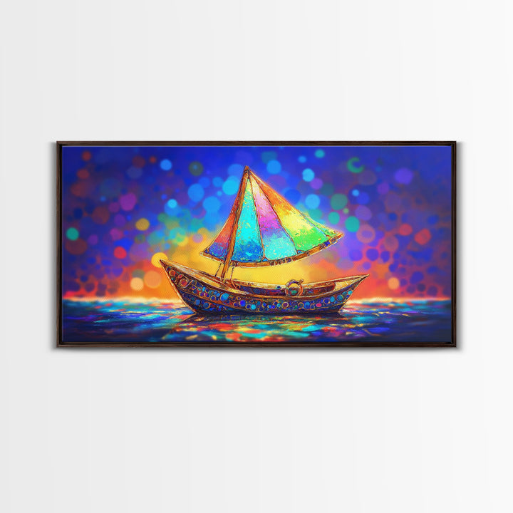 Glowing Rainbow Sailboat Canvas Print, Nautical Wall Art, Coastal Wall Decor, Ocean Nursery Decor, Beach House Decor, Seaside Art
