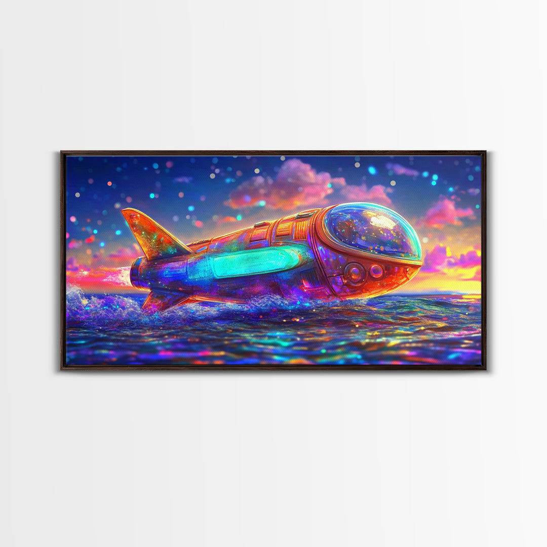 Rainbow Rocket Submarine Canvas Print, Futuristic Ocean Wall Art, Sci Fi Wall Decor, Space Lover Gift, Coastal Nursery Art