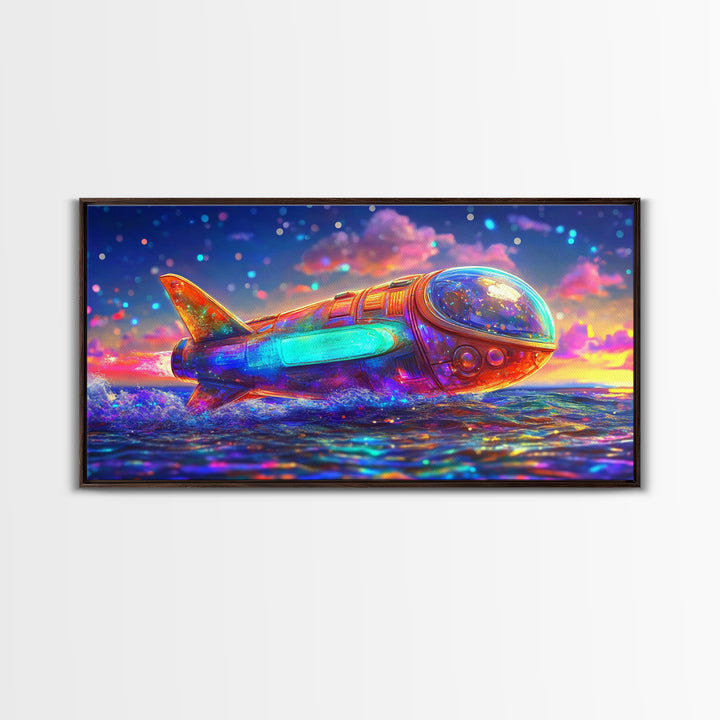 Rainbow Rocket Submarine Canvas Print, Futuristic Ocean Wall Art, Sci Fi Wall Decor, Space Lover Gift, Coastal Nursery Art
