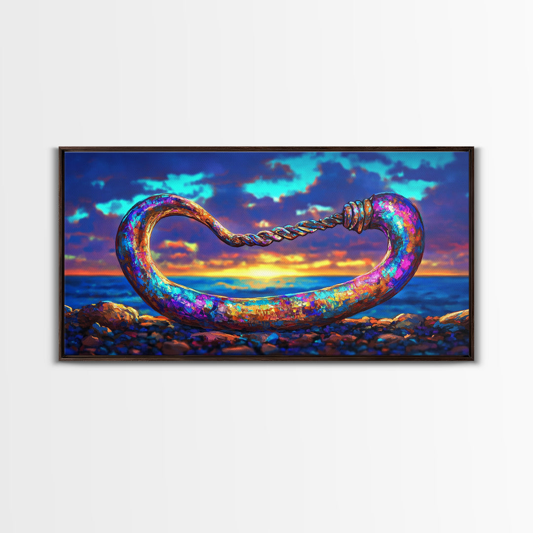 Iridescent Coastal Hook Framed Canvas Print, Nautical Wall Art, Ocean Wall Decor, Beach House Decor, Fisherman Gift, Seascape Art