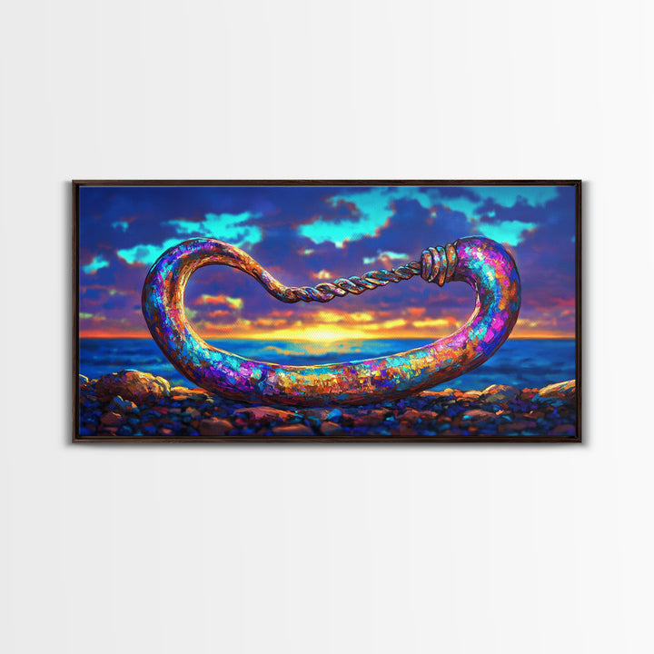 Iridescent Coastal Hook Framed Canvas Print, Nautical Wall Art, Ocean Wall Decor, Beach House Decor, Fisherman Gift, Seascape Art