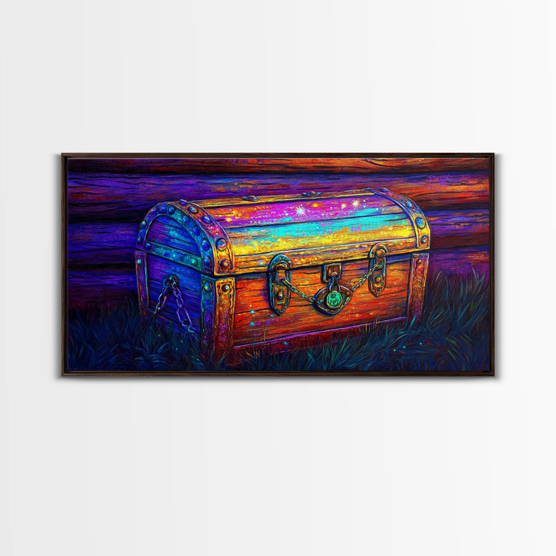 Rainbow Wooden Treasure Chest In Moonlit Grass Canvas Print, Fantasy Art, Whimsical Decor, Rustic Wall Art, Unique Gift, Home Decor