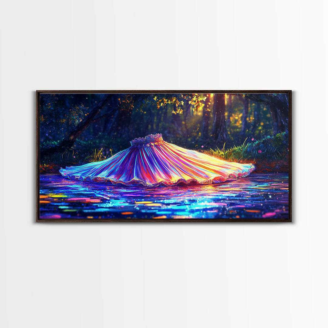 Iridescent Pleated Dress Floating In Forest Stream Wall Art, Fantasy Art, Whimsical Decor, Nature Wall Art, Statement Art