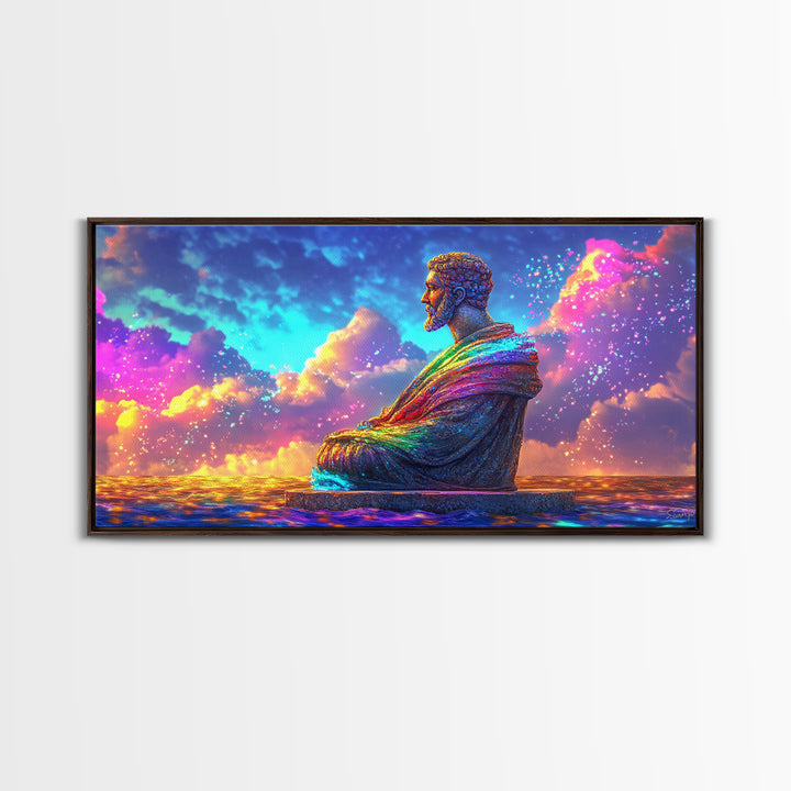 Rainbow Buddha Statue At Ocean Sunset Wall Art, Meditation Room Decor, Spiritual Wall Art, Yoga Studio Decor, Zen Home Decor