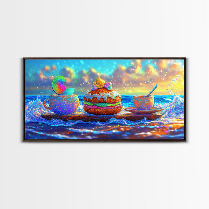 Whimsical Ocean Tea Cup And Macaron Canvas Print, Bakery Wall Art, Coastal Kitchen Decor, Dessert Art Gift For Her, Cafe Wall Decor