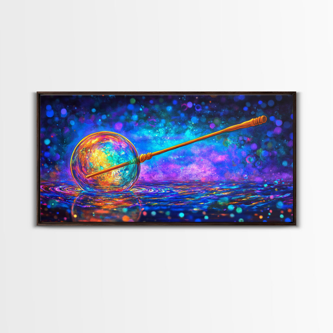 Glowing Cosmic Orb And Golden Wand Canvas Print, Mystical Celestial Wall Art, Modern Fantasy Home Decor, Witchy Gift For Her