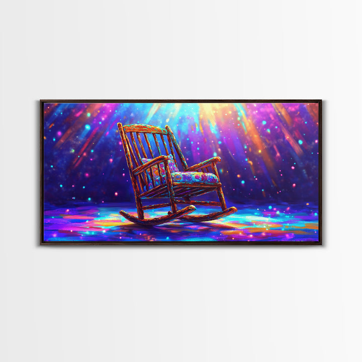Rainbow Rocking Chair Under Spotlight Framed Canvas Print, Cozy Living Room Wall Art, Whimsical Home Decor, Housewarming Gift