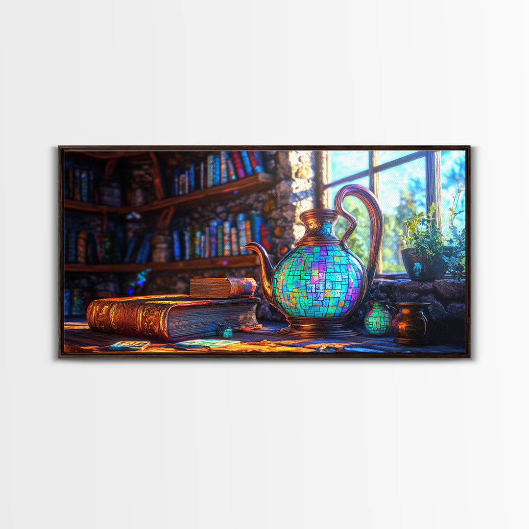 Mosaic Teapot And Antique Books Canvas Print, Library Wall Art, Dark Academia Decor, Book Lover Gift, Cozy Home Decor, Office Decor
