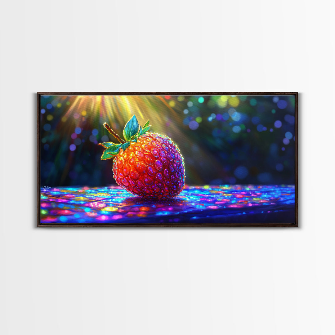 Glowing Strawberry Under Sunbeams Canvas Print, Colorful Fruit Wall Art, Whimsical Kitchen Decor And Food Lover Gift Idea