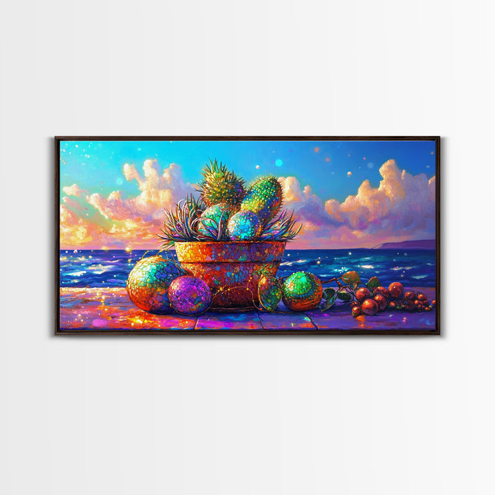 Prickly Pear Cactus Basket Wall Art, Coastal Tropical Still Life, Beach House Decor, Colorful Fruit Print, Summer Canvas