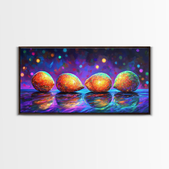 Four Bright Mangoes Wall Art, Colorful Fruit Still Life, Modern Kitchen Decor, Tropical Art Print, Vibrant Dining Room Canvas