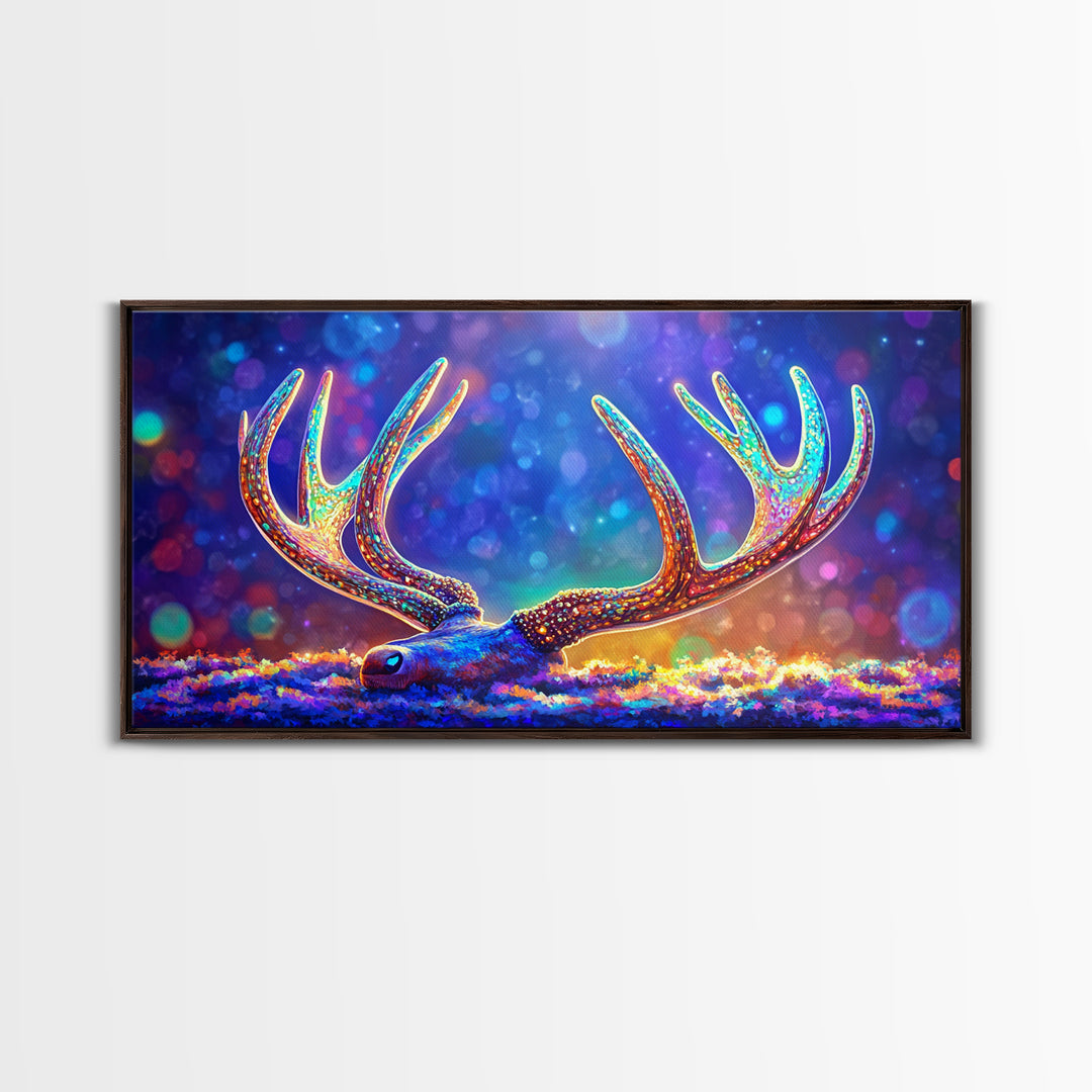 Glowing Deer Antlers Wall Art, Surreal Wildlife Print, Colorful Nature Decor, Rustic Cabin Gift, Whimsical Animal Canvas