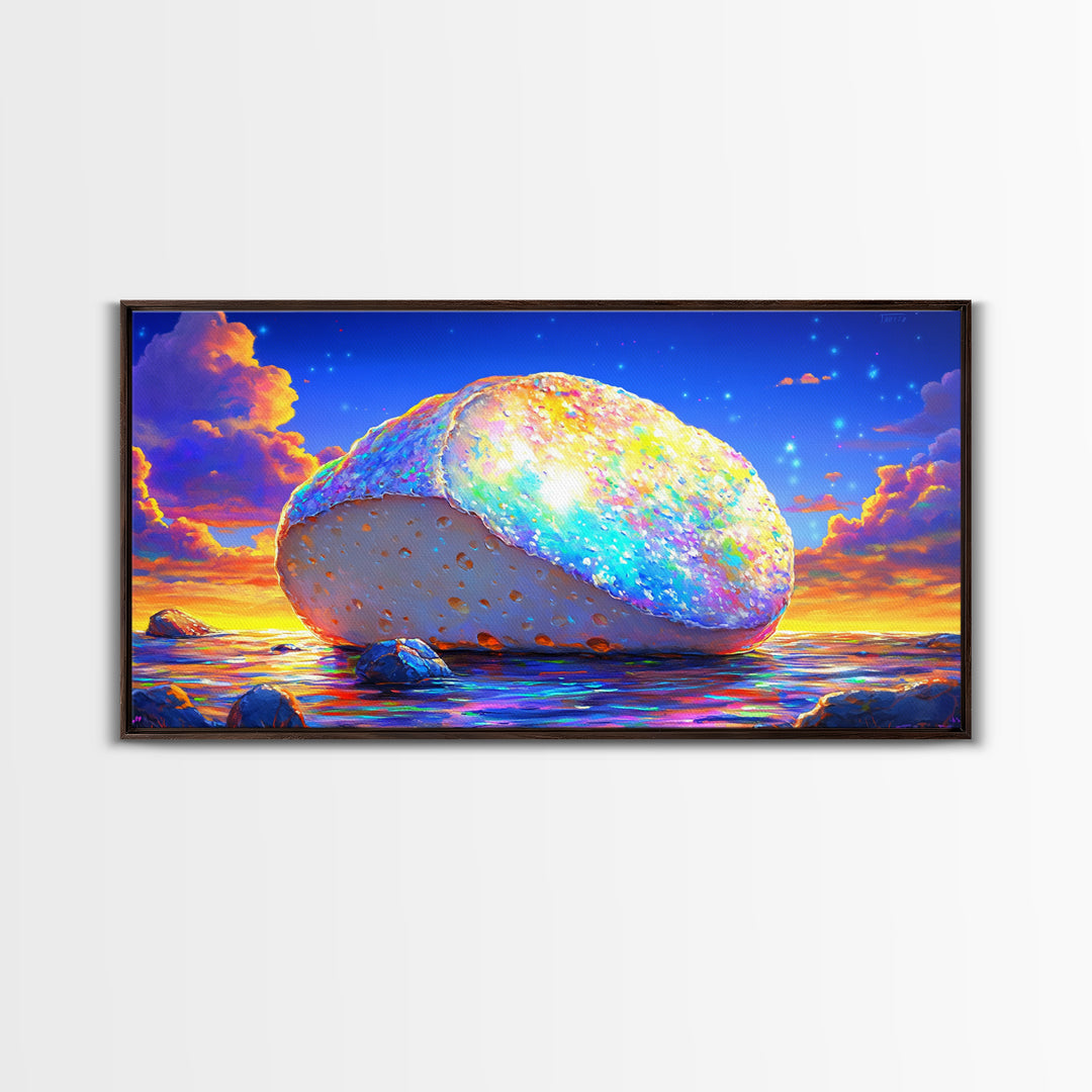 Glowing Rainbow Sea Stone At Sunset Wall Art, Colorful Coastal Canvas, Surreal Beach Decor, Ocean Landscape Living Room Print