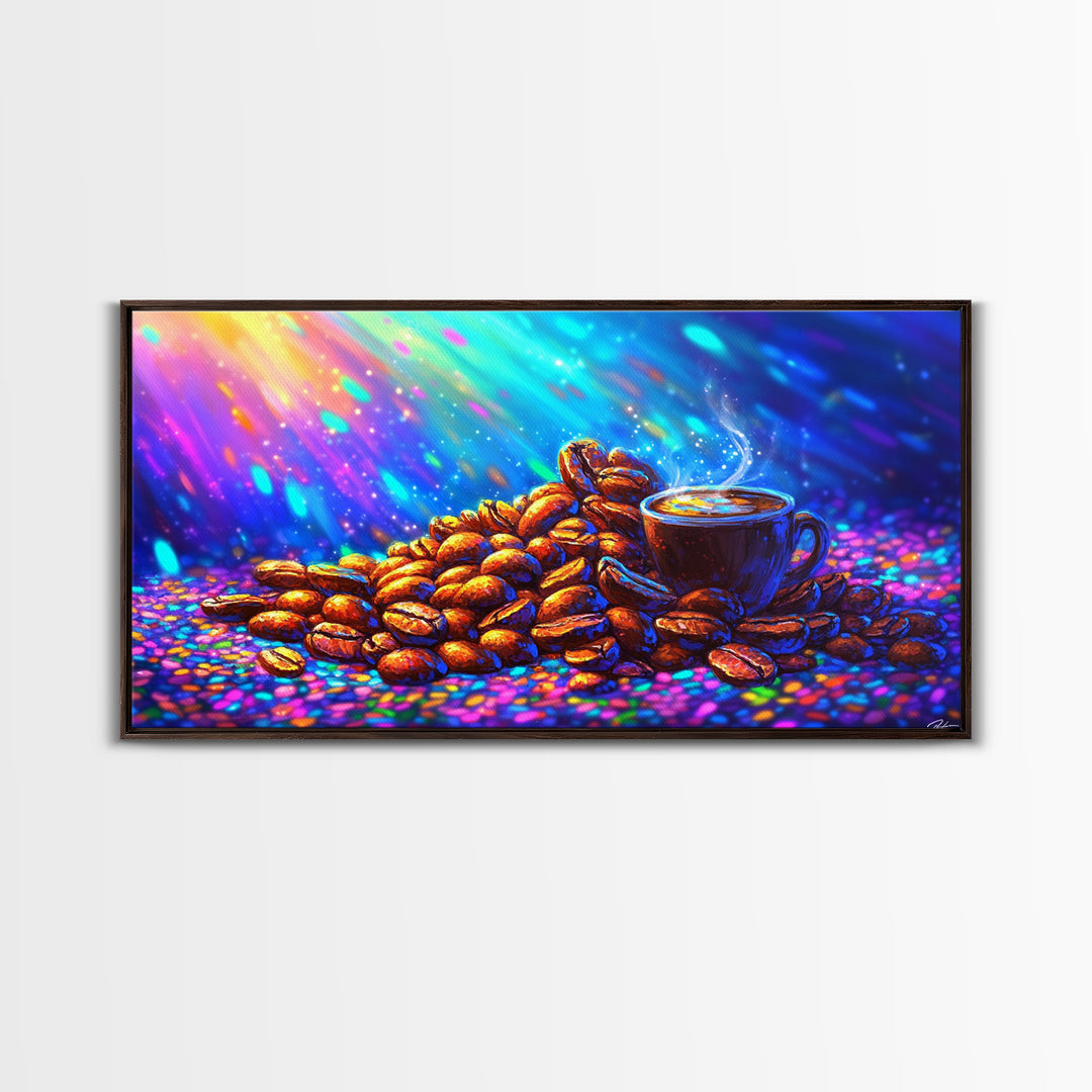 Steaming Coffee Cup With Roasted Beans Canvas Print, Coffee Bar Wall Art, Kitchen Decor, Cafe Poster Gift For Coffee Lover