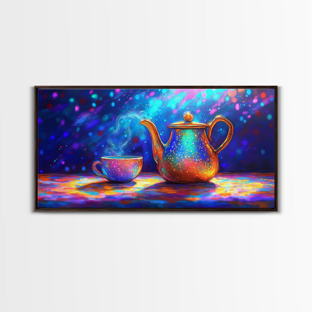 Iridescent Teapot And Teacup Still Life Canvas Print, Colorful Kitchen Wall Art, Tea Lover Gift, Modern Home Decor, Dining Room Print