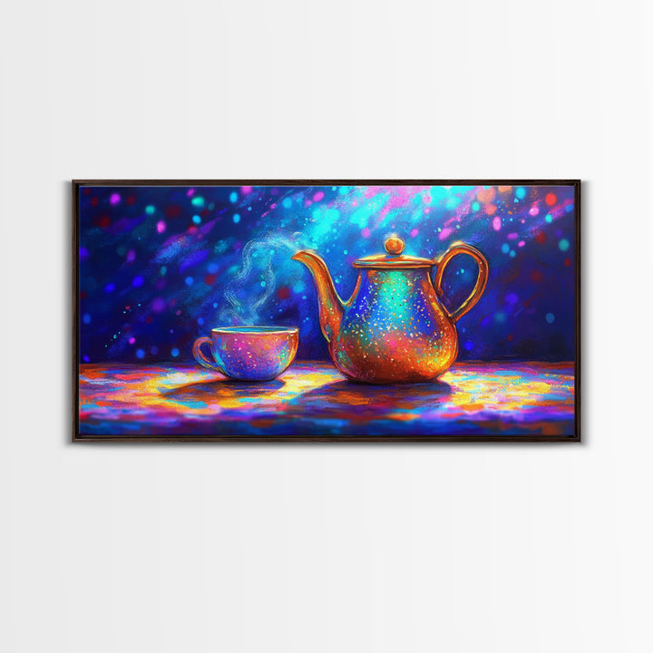 Iridescent Teapot And Teacup Still Life Canvas Print, Colorful Kitchen Wall Art, Tea Lover Gift, Modern Home Decor, Dining Room Print