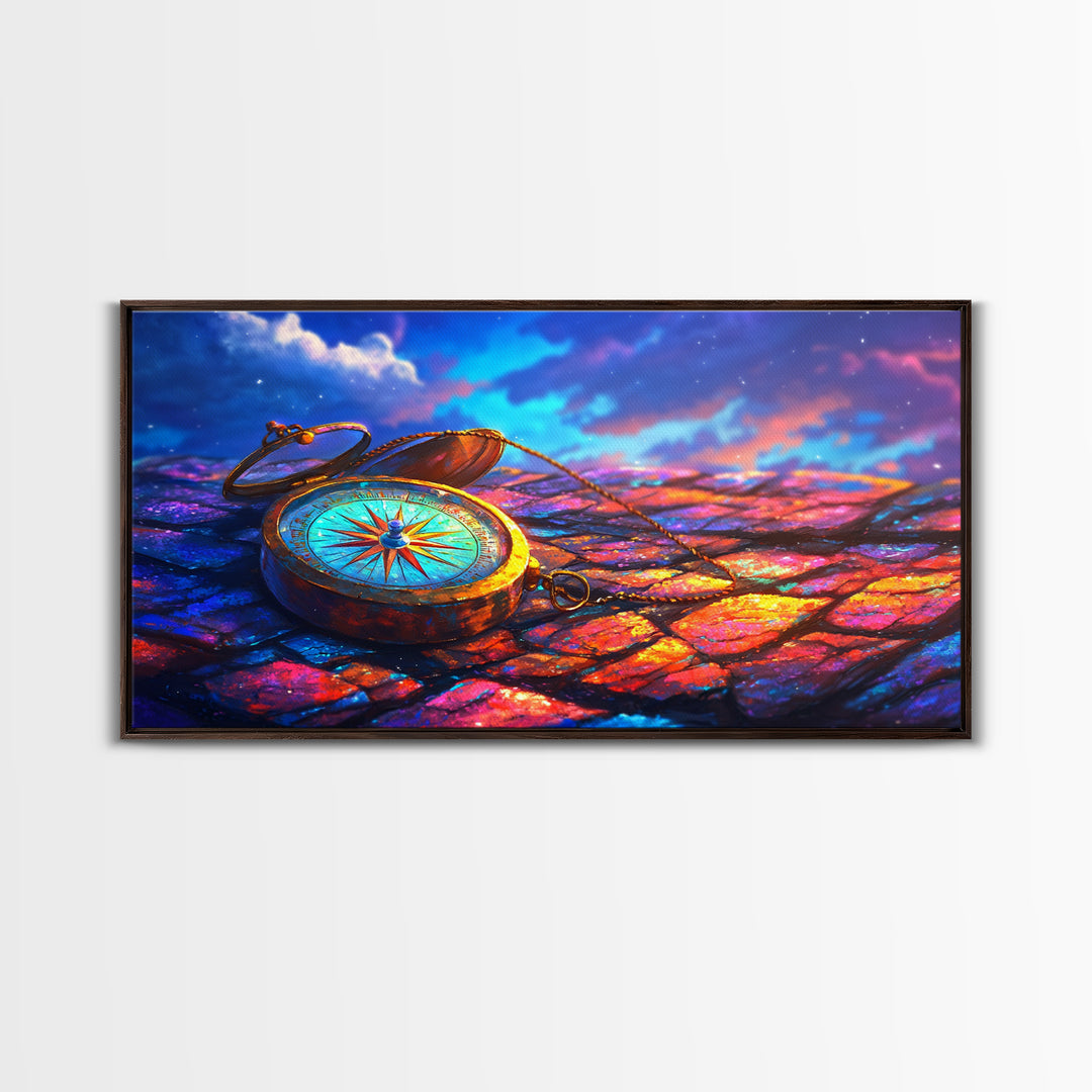 Antique Compass On Rainbow Cobblestones Canvas Print, Travel Wall Art, Wanderlust Decor, Nautical Office Decor Gift For Him