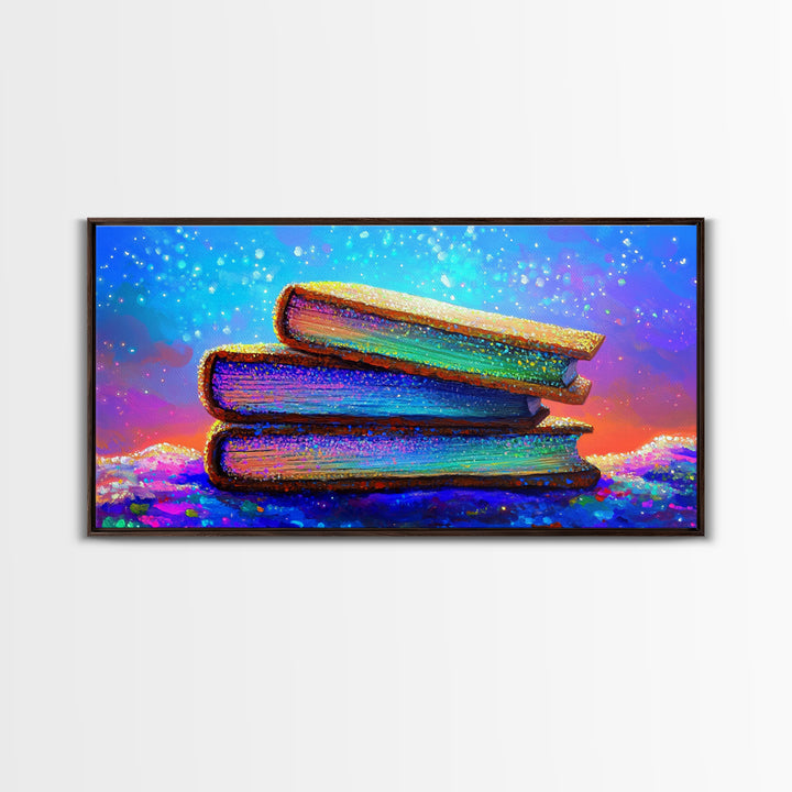 Stacked Rainbow Books Under Starry Sky Canvas Print, Book Lover Wall Art, Library Decor, Cozy Reading Nook Gift For Home Office Decor