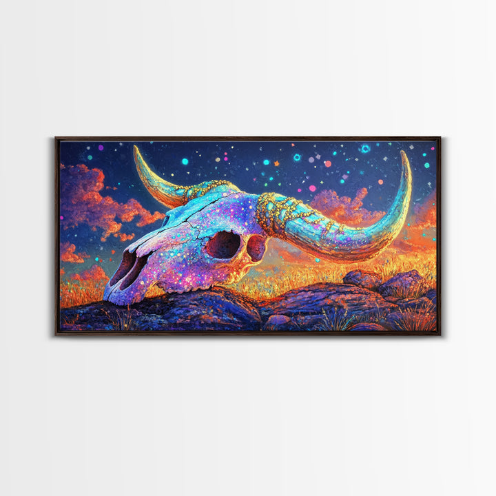Iridescent Longhorn Skull Desert Sunset Wall Art, Western Decor, Cow Skull Canvas Print, Southwestern Home Decor Gift For Him
