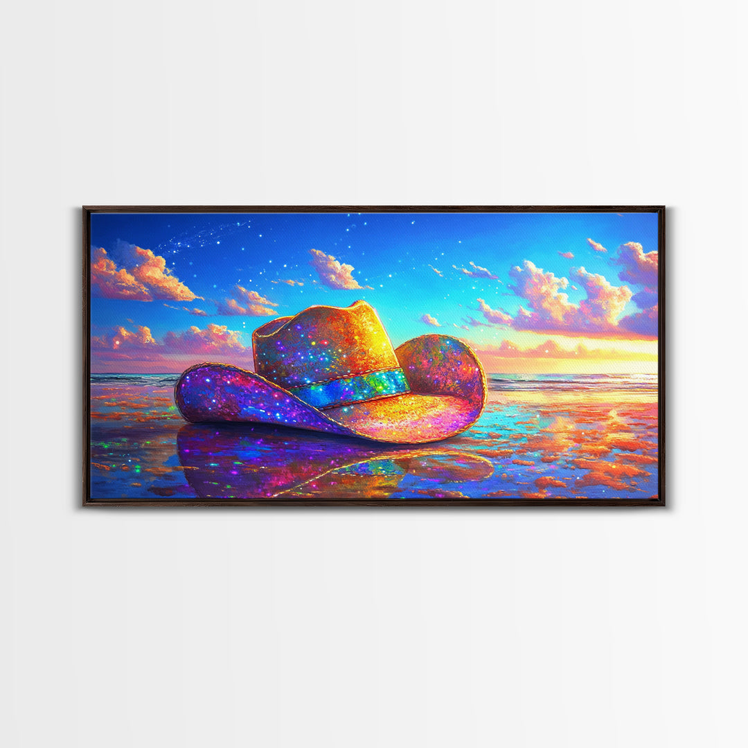 Sparkling Cowboy Hat On Sunset Beach Wall Art, Western Coastal Decor, Cowgirl Canvas Print, Beach House Gift For Her, Home Decor