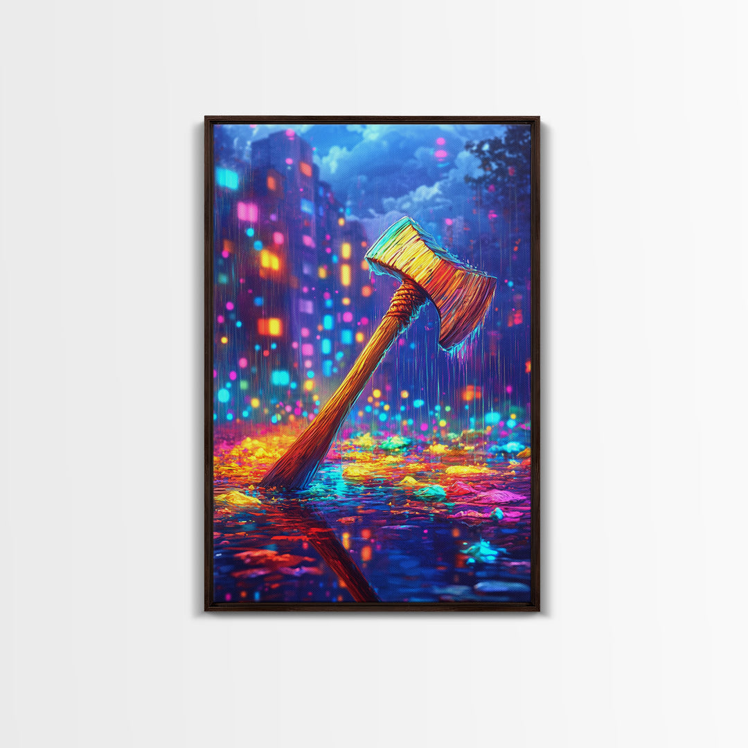 Neon Axe In Rainy City Framed Canvas Print, Cyberpunk Wall Art, Dystopian Decor, Gamer Room Art, Unique Gift For Him, Home Decor