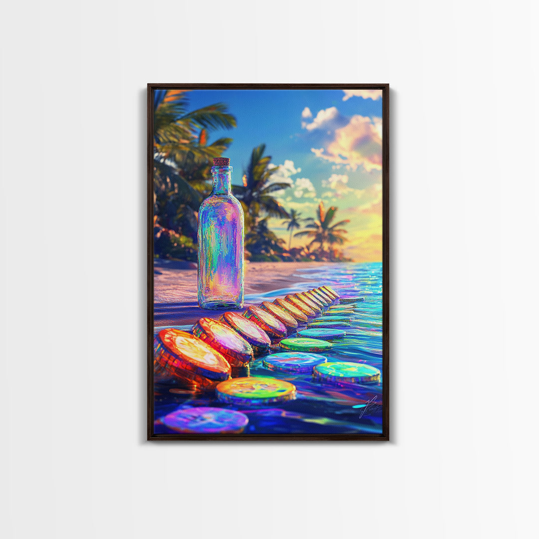 Rainbow Glass Bottle On Tropical Beach Canvas Print, Coastal Wall Art, Beach House Decor, Ocean Art Print, Summer Home Decor
