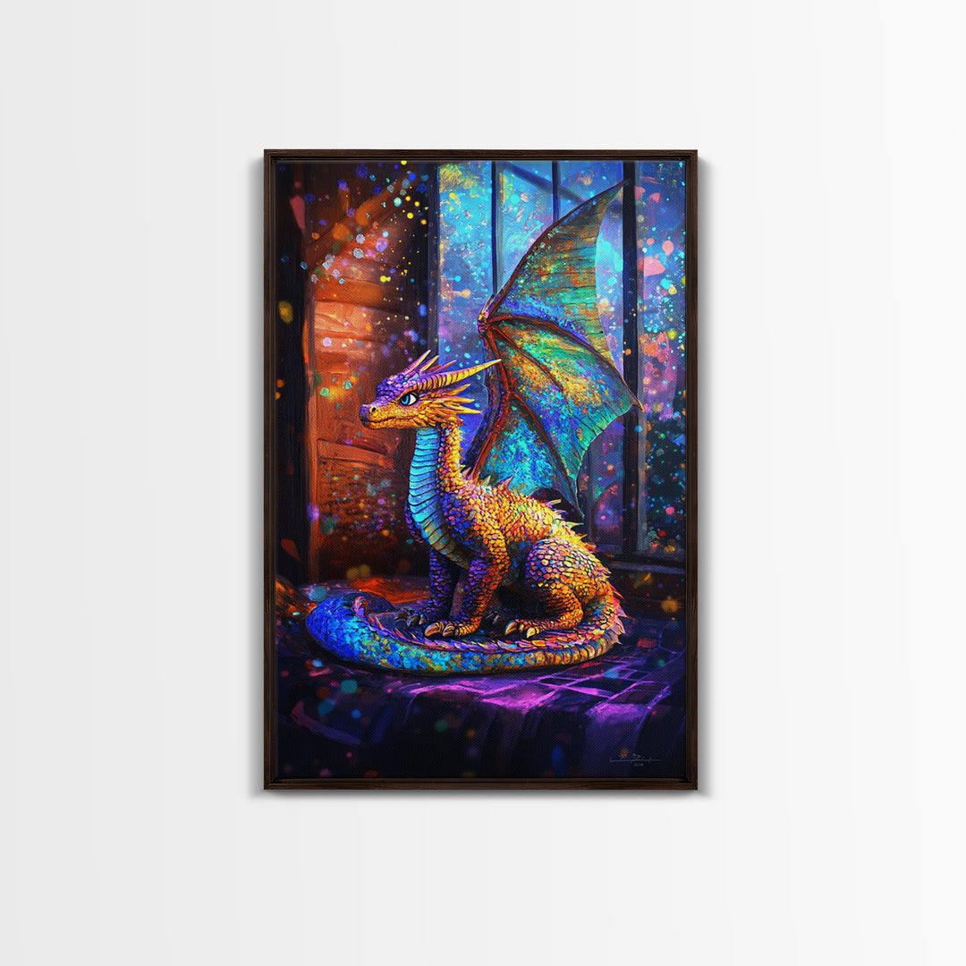 Iridescent Baby Dragon On Windowsill Wall Art, Fantasy Art, Whimsical Decor, Kids Room Art, Dragon Gift, Framed Canvas Print